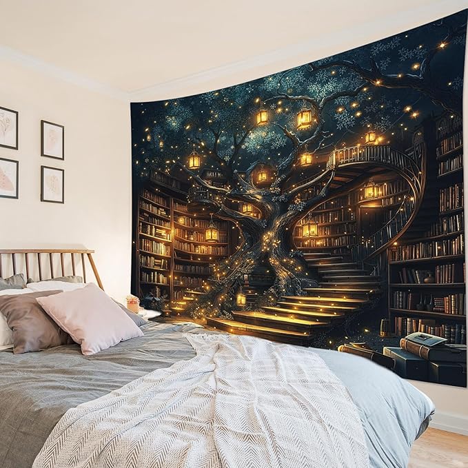 HVEST Fantasy Library Bookshelf Tapestry Wall Hanging Fairytale Tree Magic Bookshelf Tapestry Aesthetic Retro Vintage Tapestries for Bedroom Living Room Dorm, 51L x 59W Inches