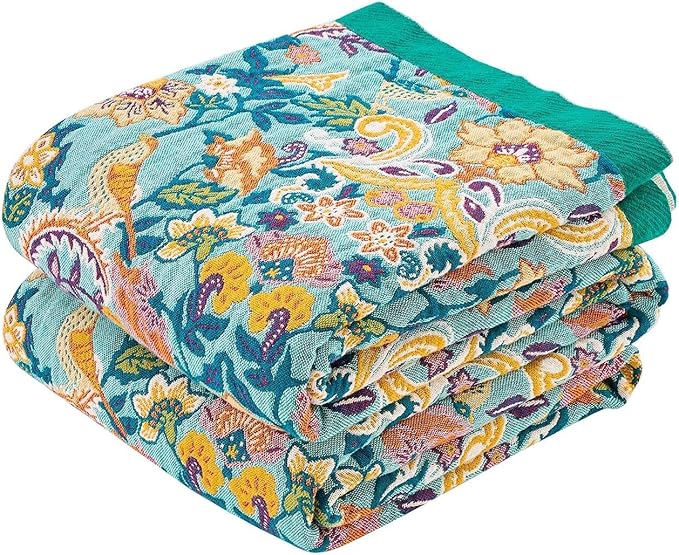Boho Blanket Throw Quilt, 100% Cotton Soft Light Weight Throw Blankets for Summer, 90"x98" Farmhouse Flower Decorative Blankets, All Season Rustic Reversible Bohemian Throw Quilt