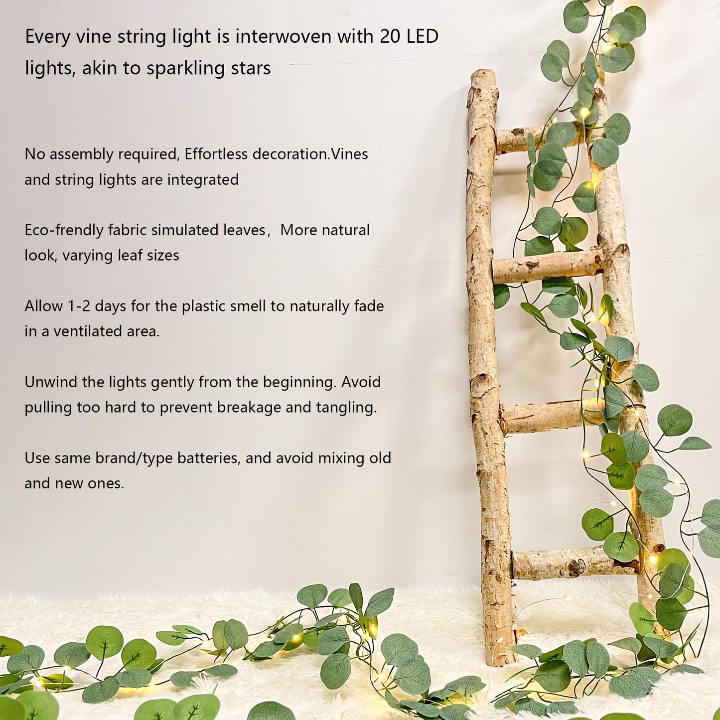 MVOVM 2 Pack Eucalyptus Garland with 20 LED Fairy Lights, Green, 6.6ft, Plastic, Indoor/Outdoor Decor for Bedroom, Party, Wedding