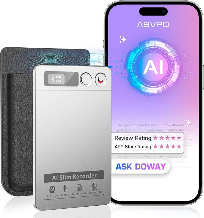 AI Voice Recorder, Note Voice Recorder - Transcribe & Summarize, AI Noise Cancellation Technology, Supports 118 Languages, 64GB Memory APP Control Audio Recorder (LightSilver)