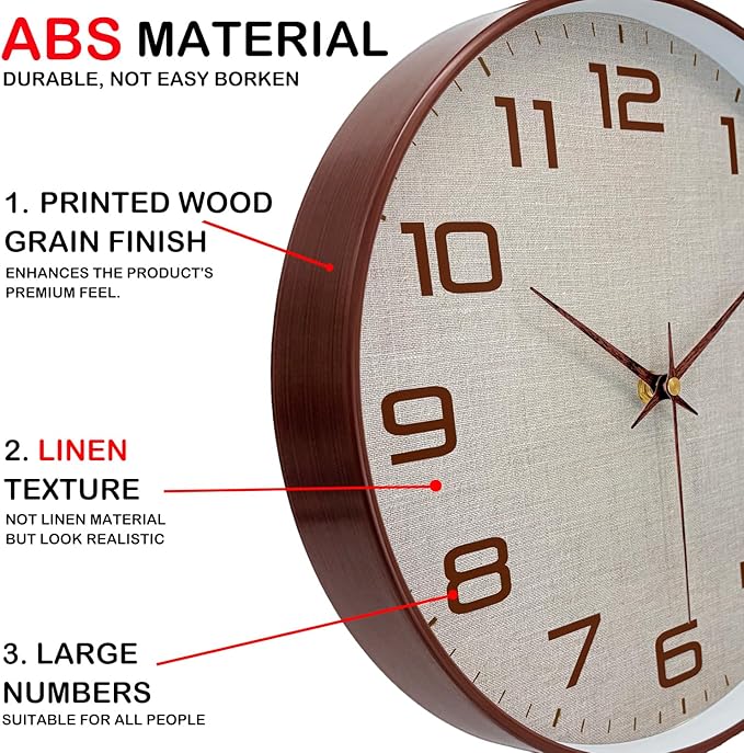 Woodgrain Wall Clocks Battery Operated 12 Inch with Linen Texture Face, Large Number Silent Digital Wall Clock, Non Ticking Analog Clock for Bedroom Living Room Bathroom Kitchen Office,Brown