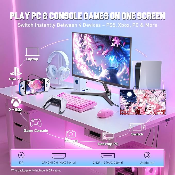 SANSUI Gaming Monitor 27" 1440p 260hz/240hz WQHD 2K - Fast IPS 1ms FreeSync Premium 丨DCI-P3 98% 丨sRGB130% 丨HDR10 丨2×DisplayPort 1.4丨2×HDMI2.0 PC Gaming Monitor with Crosshair