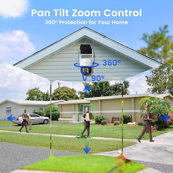 xmartO Solar/Battery-Powered Wire-Free PTZ Home Security Camera Wireless Outdoor/Indoor CCTV Surveillance (Non-Stop Solar Power, Rechargeable Battery, Floodlights, SD/NVR/Cloud)