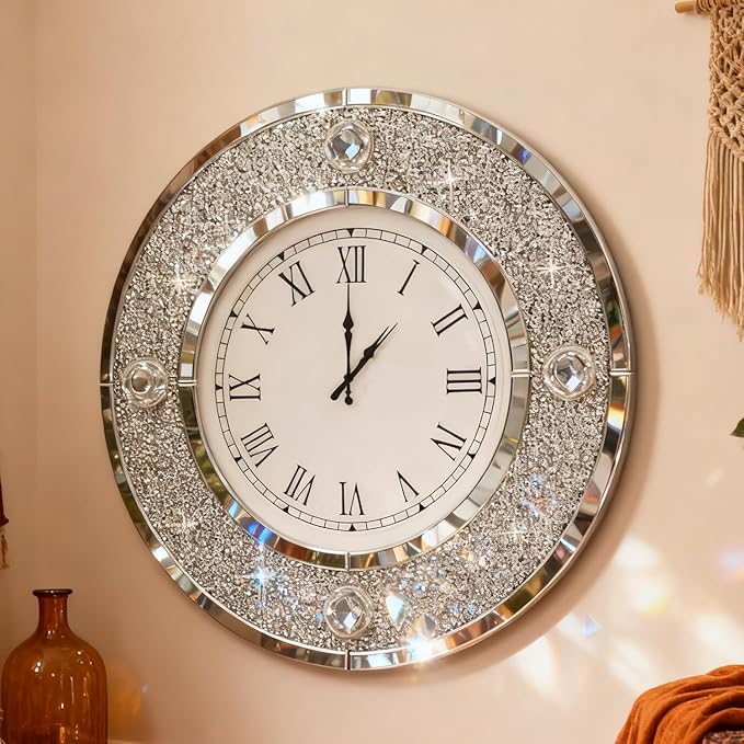 COSVALVE Mirror Wall Clock with Crystal, 24 Inch Large Silver Glass Clock for Wall Living Room, Big Decorative Wall Clock with Crushed Diamond Decor, Luxury Bling Wall Decor