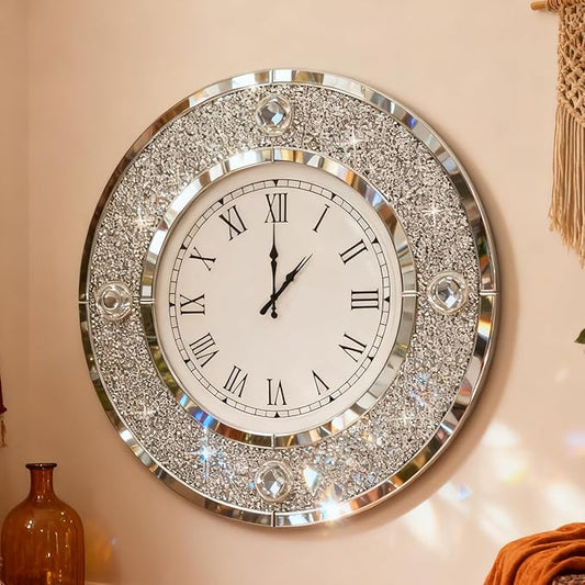 COSVALVE Mirror Wall Clock with Crystal, 24 Inch Large Silver Glass Clock for Wall Living Room, Big Decorative Wall Clock with Crushed Diamond Decor, Luxury Bling Wall Decor