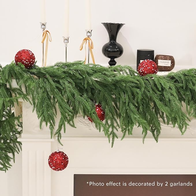 2PCS 9FT Christmas Garland Norfolk Pine Garland Real Touch Artificial Greenery Garland for Mantle Fireplace Table Indoor Outdoor Decor (Full)