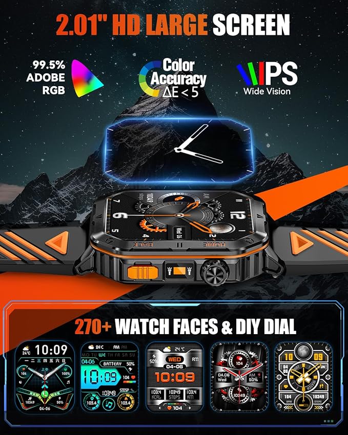 Military Smart Watch for Men, 2.01'' Fitness Tracker with 1200mAh Long Battery Life, Bluetooth Calls, Flashlight, IP68 Waterproof, Heart Rate/Sleep Tracking, 100+ Sports Modes for Android iPhone