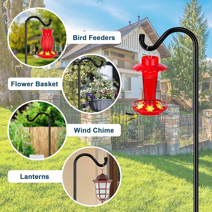 Gtongoko Shepherds Hook for Outdoor, 76 Inch Bird Feeder Pole with 7 Prongs Base, 3/4 Inch Thick Heavy Duty Adjustable Garden Hook for Hanging Plant, Hummingbird Feeder, Lantern, 2 Pack