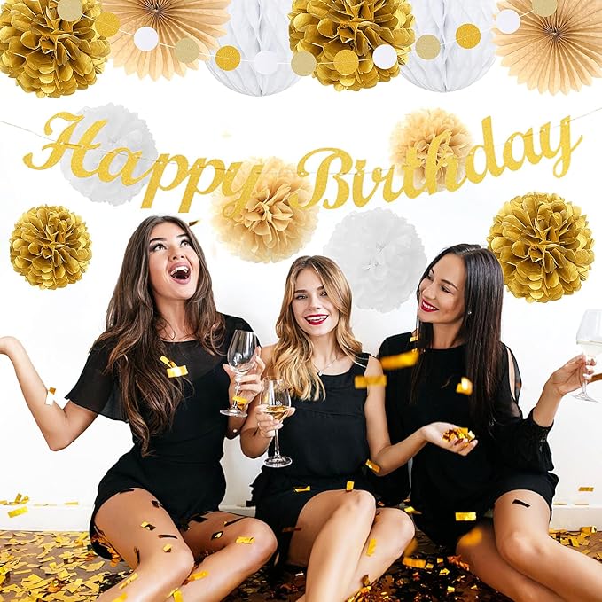 White-Gold Champagne Birthday Party-Decorations Paper-Flowers - 14pcs Happy Banner Engagement Honeycomb Tissue Pom Poms,Women Streamers Garland Beige Fans,21st 18th Girl Hanging Supplies Decor Hugfond