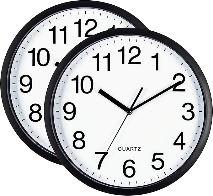 Bernhard Products Black Wall Clock 2 Pack Silent Non Ticking 10 Inch Bold Quality Quartz Battery Operated Round Easy to Read Home/Office/Classroom/School Clocks, Sweep Movement