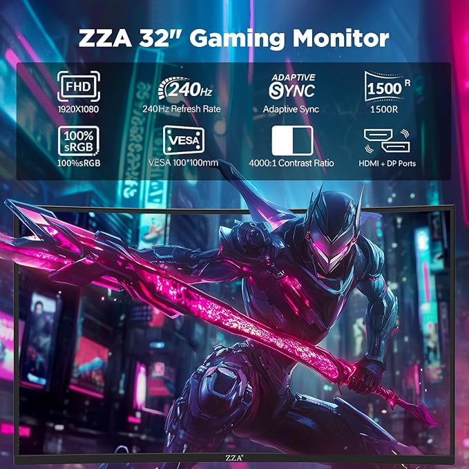 32 Inch Curved Gaming Monitor, 1500R, 240Hz Full HD VA Display with HDR, FreeSync & G-Sync Compatible, Low Blue Light, HDMI & DP Ports, Tilt Adjustable, Wall Mountable Computer Monitor