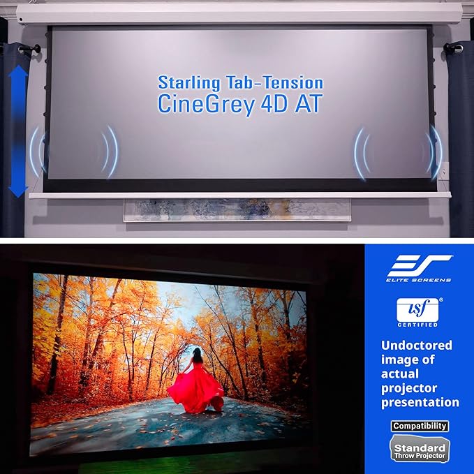 Elite Screens 110-Inch Motorized Projector Screen 16:9, CineGrey 4D at CLR/ALR, Acoustically Transparent, ISF Certified, Tab-Tensioned Electric Drop Down for Home Theater, STT110XHD4AT-E12