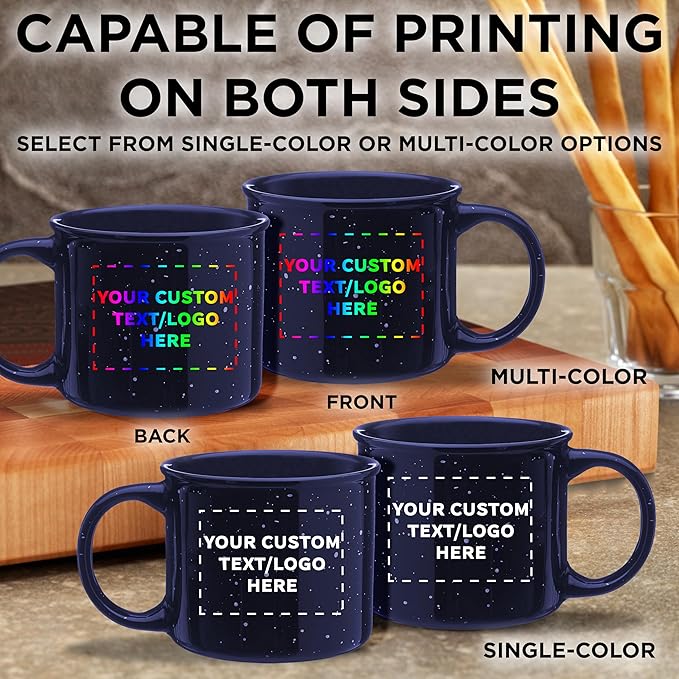 DISCOUNT PROMOS Custom Ceramic Campfire Coffee Mugs 13 oz. Set of 10, Personalized Bulk Pack - Perfect for Tea, Espresso, Cappuccino, Hot Cocoa - Blue
