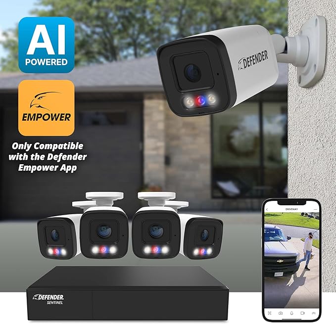 Defender AI Powered Sentinel Pro Turret 8CH NVR PoE Security Camera System, 4pc Metal Turret Cameras, 109° Wide Angle, IP66 Rated, Audio Recording, Web Viewing, 1TB HDD, Works w/Empower App