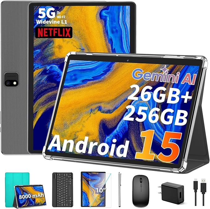 2025 Android 15 tablet with keyboard, 26GB+256GB+2TB Expand, 10 inch 2-in-1 Tablets with 8-Core, 5G WiFi, 8000mAh, BT5.0, 5MP+13MP, GMS, GPS, Widevine L1, Tablet PC with Mouse, Case, Stylus (Green)