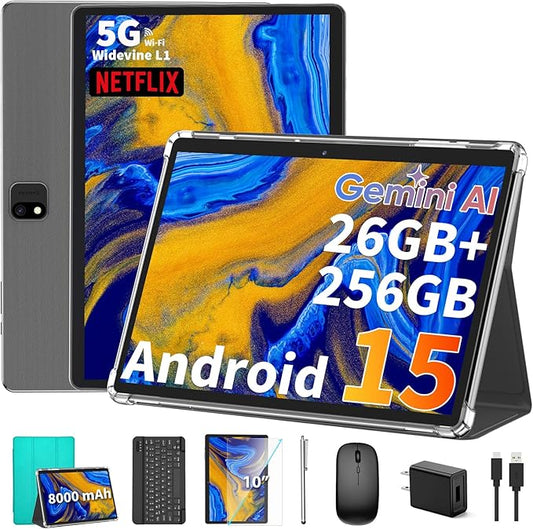 2025 Android 15 tablet with keyboard, 26GB+256GB+2TB Expand, 10 inch 2-in-1 Tablets with 8-Core, 5G WiFi, 8000mAh, BT5.0, 5MP+13MP, GMS, GPS, Widevine L1, Tablet PC with Mouse, Case, Stylus (Green)