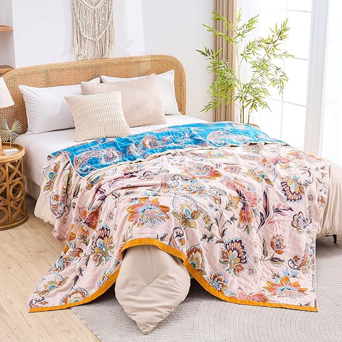 Boho Throw Blanket for Bed, 100% Cotton Soft Rustic Quilt Fall Blanket, 80"x90" Floral Printed Farmhouse Decor Bed Blankets, All Season Rustic Reversible Bohemian Throw Quilt