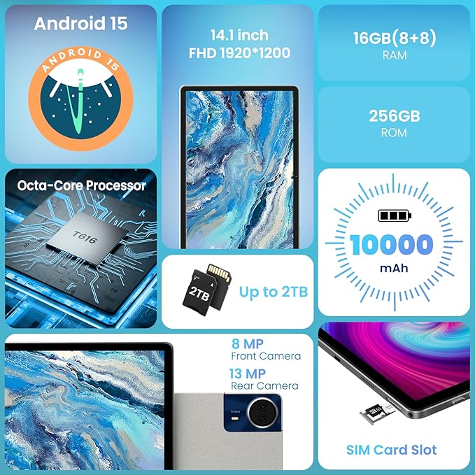 14 inch Large Screen Tablet, Android Tablet 16GB RAM 256GB ROM, 1920 * 1200 IPS FHD Display, Widevine L1, 10000mAh 18W Charging, Wi-Fi & Bluetooth, 4G LTE, with Stand Case & Stylus