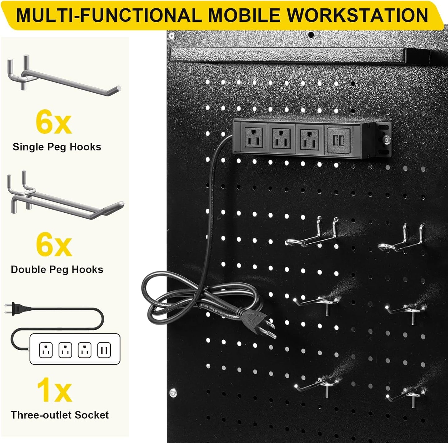 Mobile AV Cart with Locking Cabinet & Wheels, Heavy Duty Rolling Media Cart with Customized Pegboard & Hooks, Multipurpose Utility Cart 100lbs Load Capacity, Black