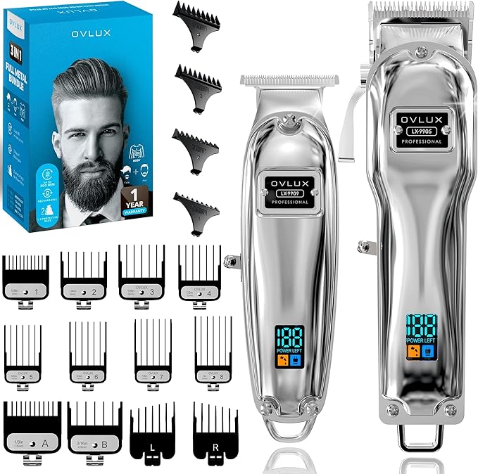 Full Metal Cordless Hair Clippers and Trimmer Professional Set for Men - Rechargeable Clippers for Hair Cutting, Beard T-Blade Trimmer for Men, Haircut Machine for Self Cutting & Grooming Kit
