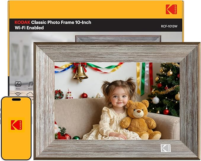 KODAK Wooden WiFi Digital Picture Frame, 32G 10.1 Inch Digital Photo Frame 1280x800 HD IPS Touch Screen, Auto-Rotate, Share Photos and Videos via KODAK App, for Friends and Family