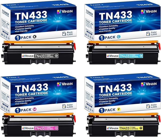 TN-433 TN433 Toner Cartridges Set 4 Pack Replacement for Brother TN433 TN 433 TN431 High Yield for MFC-L8900CDW HL-L8360CDW HL-L8260CDW MFC-L8610CDW Printer Ink (TN433BK/C/M/Y)