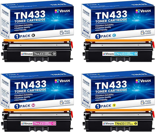 TN-433 TN433 Toner Cartridges Set 4 Pack Replacement for Brother TN433 TN 433 TN431 High Yield for MFC-L8900CDW HL-L8360CDW HL-L8260CDW MFC-L8610CDW Printer Ink (TN433BK/C/M/Y)