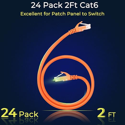 Rapink Patch Cables Cat6 2ft (24 Pack), Ethernet Patch Cable 10G Support, Cat 6 Patch Cable for Patch Panel to Switch, Flexiable Cat 6 Ethernet Cable with Gold Plated Orange