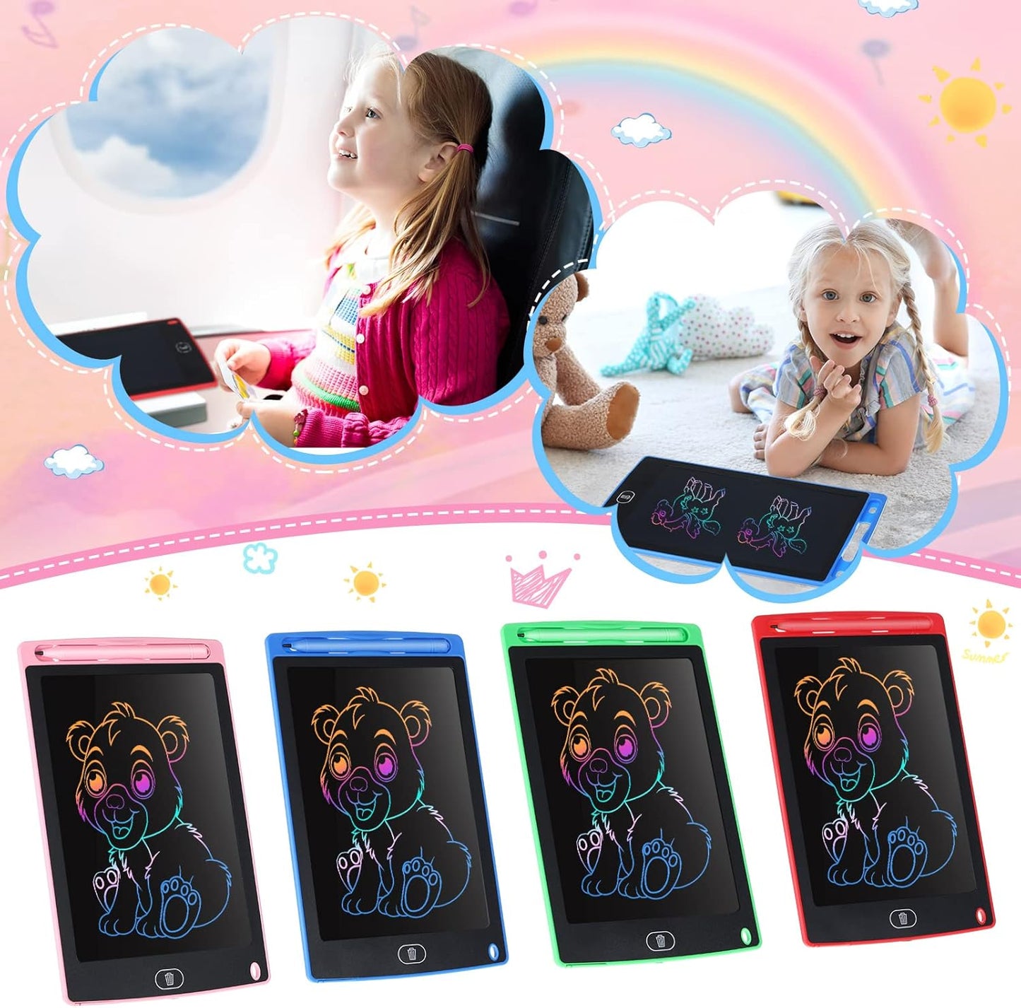 Tinlade 12 Pack LCD Writing Drawing Tablets 8.5 Inch Bulk Colorful Doodle Board Erasable Electronic Painting Drawing Pads Learning Toy Gifts for Kids Christmas School(Pink, Green, Red, Blue)