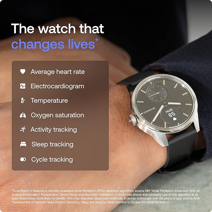 WITHINGS ScanWatch 2 - Hybrid Smart Watch, Heart Rate Monitoring, Fitness Tracker, Cycle Tracker, Sleep Monitoring, GPS Tracker, 30-Day Battery Life, Android & Apple Compatible, HSA/FSA