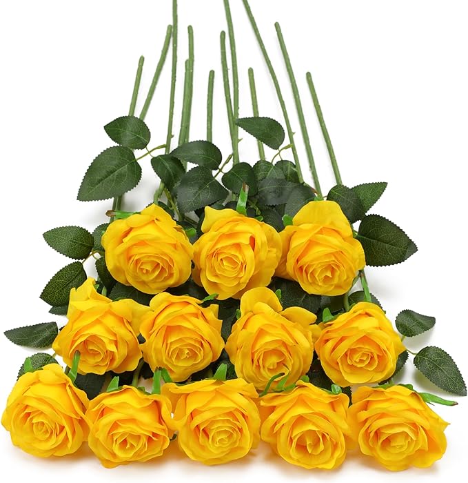 Yellow Fake Roses Artificial Flowers - 10 Pcs Fake Artificial Roses Silk Flowers with Stems for Home Wedding Hotel Office Centerpiece Decor