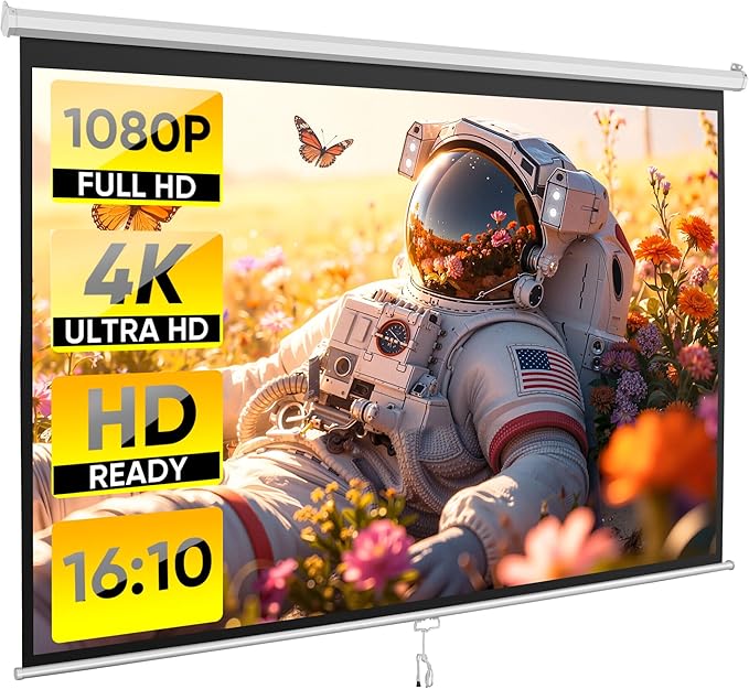 ZENY Portable Projector Screen Pull Down, 100 Inch 16:10 Video Projection Screen Home Theater, Retractable Projector Screen, Moive Screen Indoor Outdoor, Wall Mount (100'' 16:10 White)