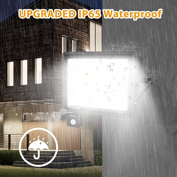 2 Pack 300W LED Motion Sensor Flood Light,LED Work Light with Plug,Super Bright IP66 Waterproof Floodlight Outdoor 43500 lumens 5000K Daylight Dusk to Dawn Security Light for Garage,Front Porch