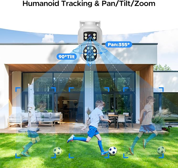 Camcamp Dual Lens Security Camera Outdoor, 2K Full HD Video, 360° View Pan/Tilt Surveillance & Security Cameras with Color Night Vision, Easy to Install, PIR Alarm