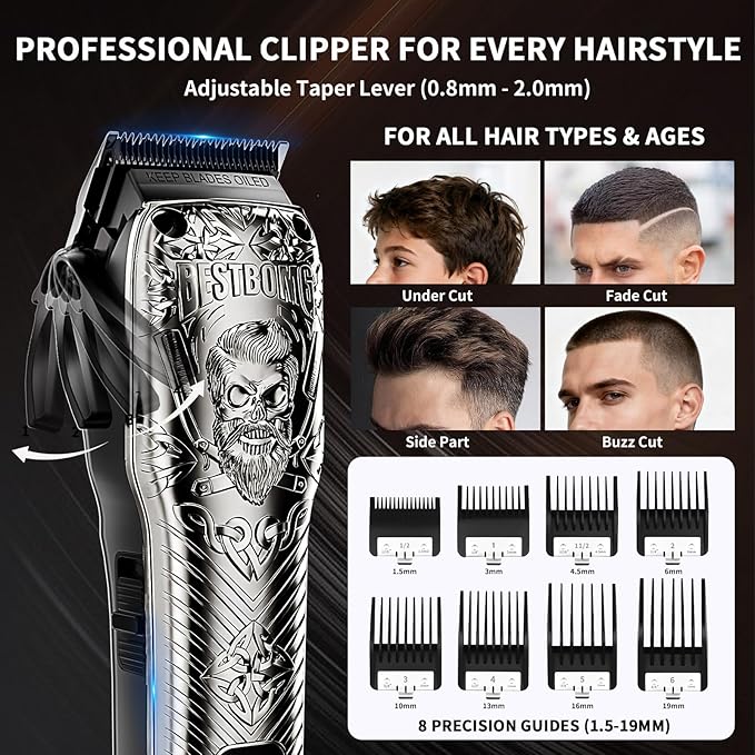 BESTBOMG Professional Cordless Mens Hair Clippers & Beard Trimmer and Electric Shavers Kits & Sets,Metal Hair Clippers Cutting Grooming Kit with Long Battery Life for Family Barber Use (Gray)