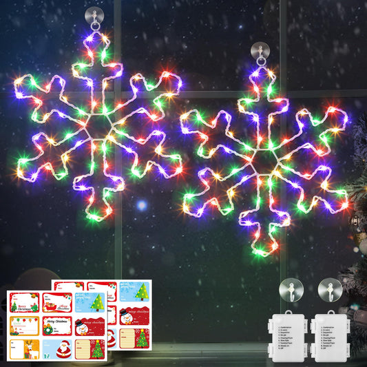 Hiboom 2 Pack Christmas Window Lights, 12 Inch Colorful Snowflake LED Decorations, Model CW-Hiboom-1807, Battery Powered