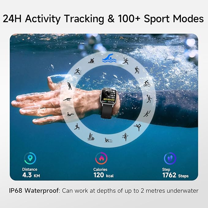 Smart Watch for Men Women, 1.85" HD Smartwatch Compatible iPhone/Samsung/Android (Answer/Make Calls), 100+ Sport Modes Fitness Tracker with Heart Rate/Sleep/SpO2 Monitor, IP68 Waterproof, with 2 Bands