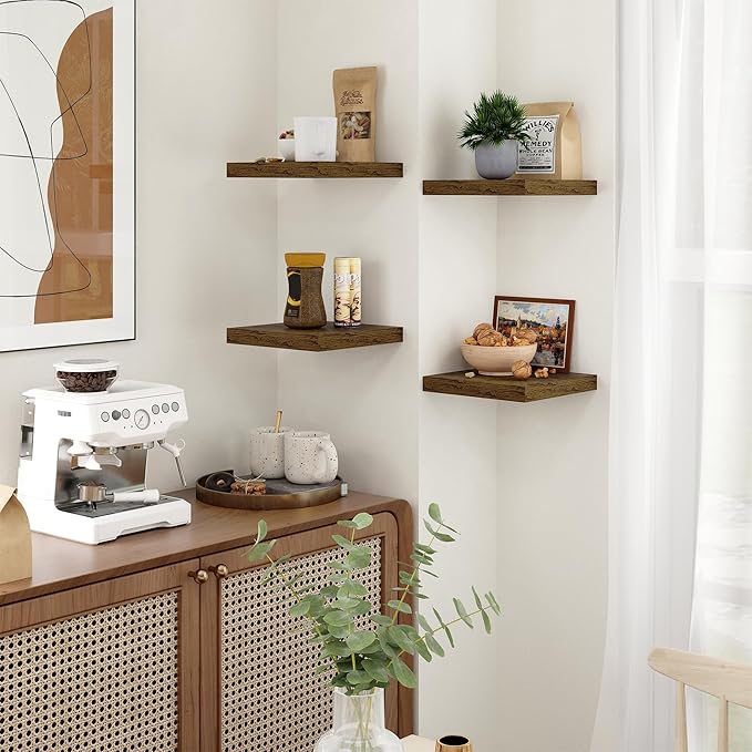 Fun Memories Square Floating Shelves for Wall - 9.3 Inch Deep Floating Shelves with Invisible Brackets, Brown Small Wall Shelf for Living Room, Bathroom, Bedroom, and Kitchen Decor，Set of 4