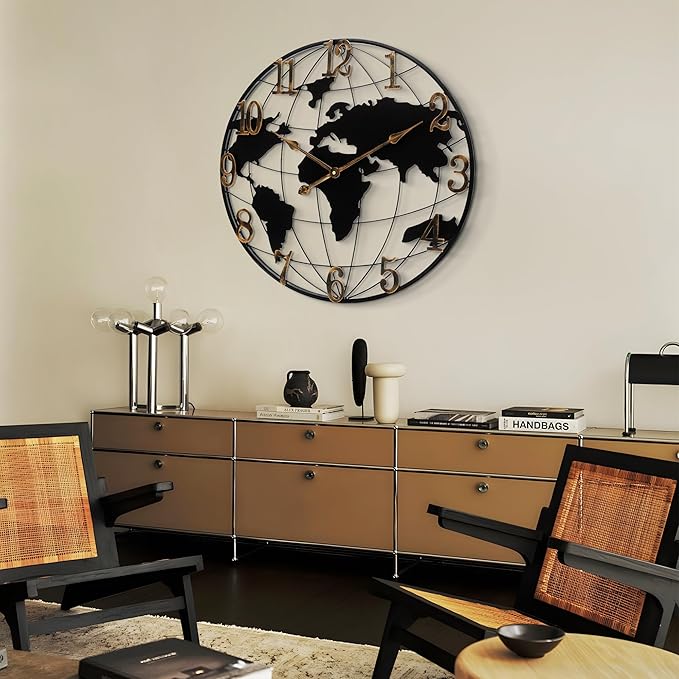 Large Round Metal World Map Clock - 16 Inch Minimalist Modern Silent Non-Ticking Battery Operated Wall Clock for Living Room, Kitchen, Office, Farmhouse Home Decor