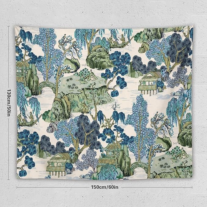 Chinoiserie Tapestry,Asian Watercolor Abstract Art Tapestry,Asian Japanese Wall Tapestry, Nature Landscape Tapestries for Bedroom Living Room Decor 60"x50"