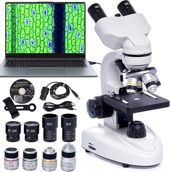 SELFIE CAT Laboratory Microscope for School, Binocular Compound Microscope 200X-5000X Magnification for Adults, Microscopes Kit with Electronic Eyepieces and Wide Field Lab Equipment