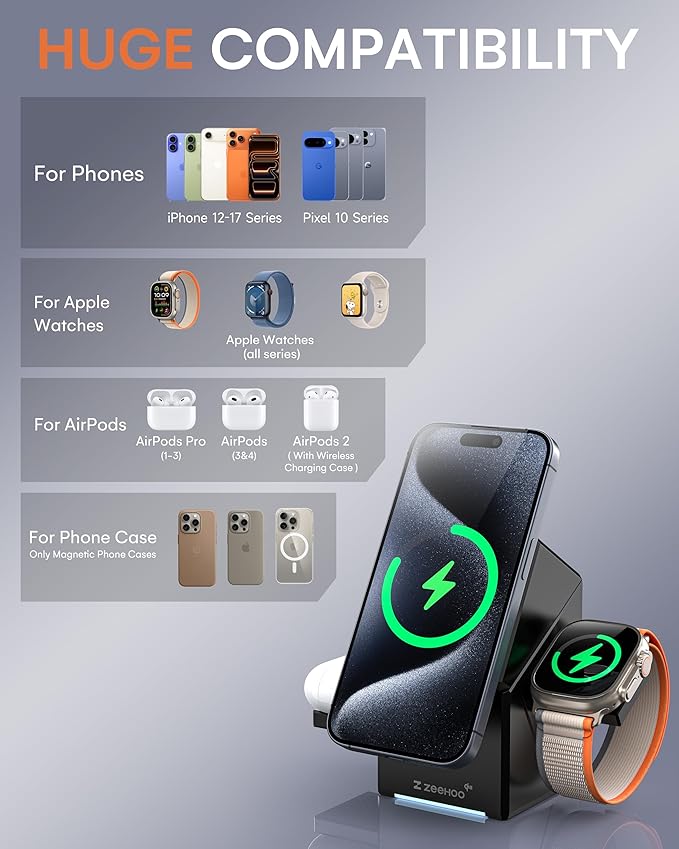 ZEEHOO 3 in 1 Charging Station, iPhone Charging Station for Apple MagSafe Charger, Qi2 Certified, 15W Fast Wireless Charger, for Apple Watch, for iPhone 17,16 15,14,13,12 Series, AirPods (Black)