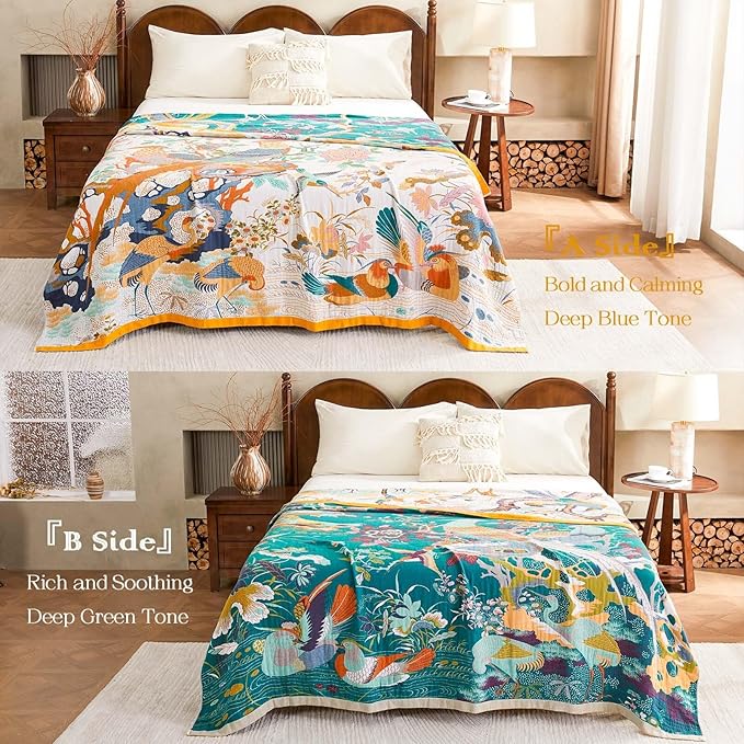 Fall Throw Blanket for Couch, Yellow Boho Decorative Throw Blanket, 100% Cotton Muslin Breathable Woven Farmhouse Blankets Quilt, 60"x80" Reversible Lightweight Blankets Bohemian Throw Quilt