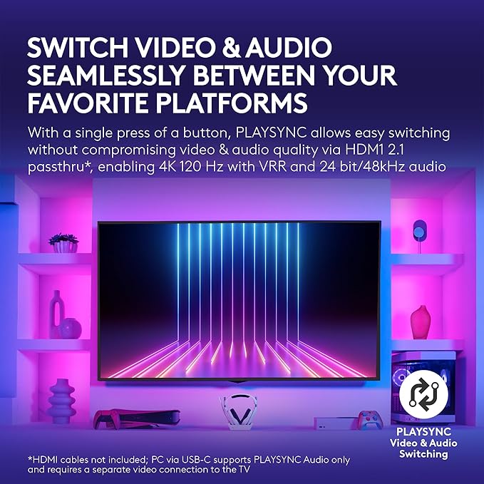 Logitech G Astro A50 X Multi-Platform Wireless Gaming Headset + Base Station for PS5/Xbox/PC: PLAYSYNC Video & Audio Switcher, HDMI 2.1 4K 120Hz VRR, <24bit/48kHz, 24hr Battery, 2.4GHz & BT - White