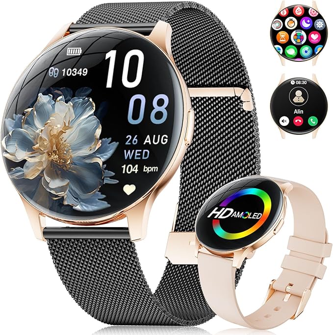 Smart Watches for Women with Make/Answer Calls, 7,99 mm Ultra-Thin Elegant Fitness Tracker with 1,43'' HD AMOLED Display, IP68 Waterproof, 110+ Sports Modes, Women's Health for iOS Android, Black Gold