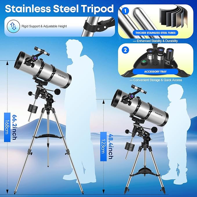 UncleHu 150EQ Newtonian Reflector Telescope for Adults High Powered, Professional Equatorial Telescopes for Adults Beginners with Portable Carry Bag, Phone Adapter, Stainless Steel Tripod, Moon Filter