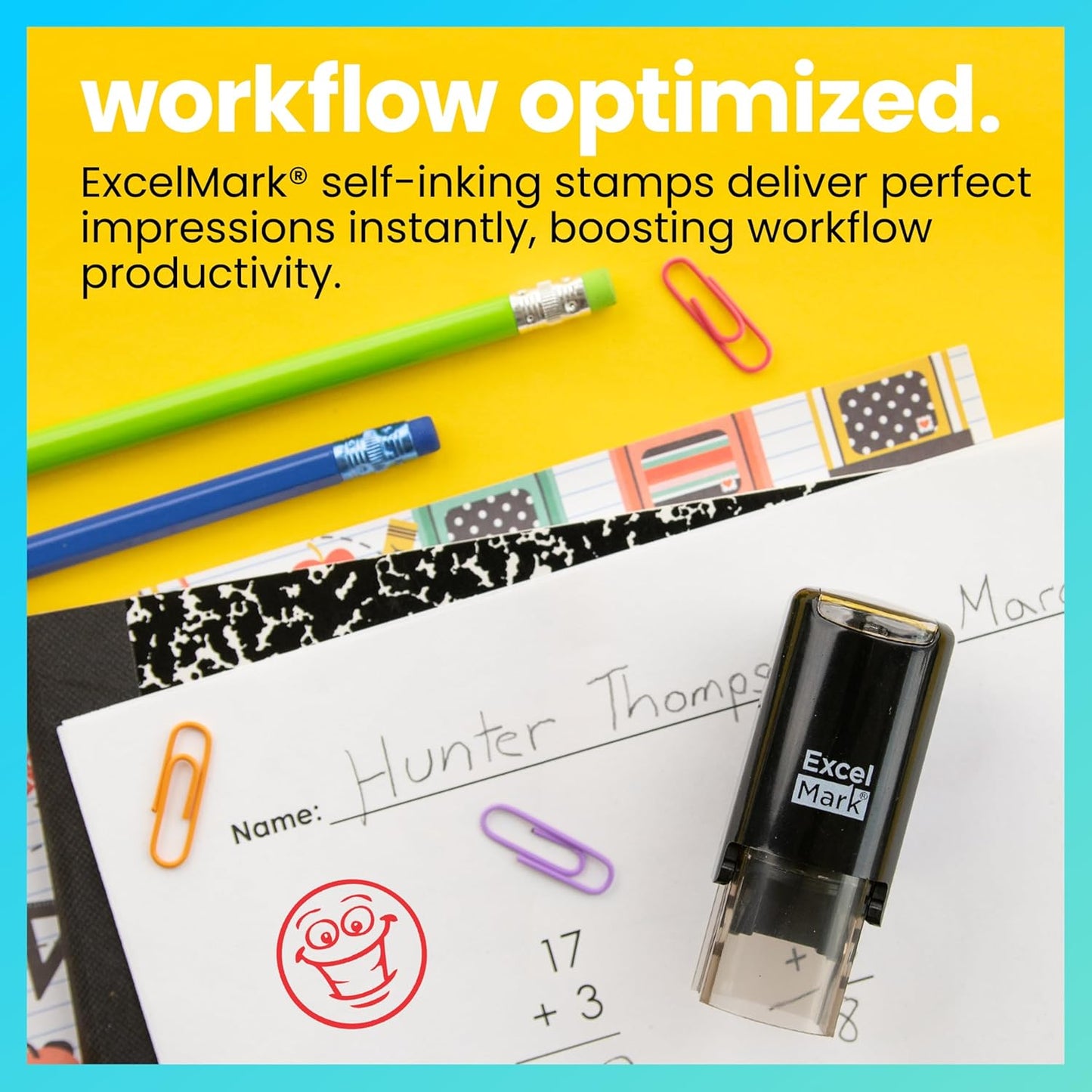 ExcelMark Smiley Face - Self-Inking Round Teacher Stamp - Red Ink