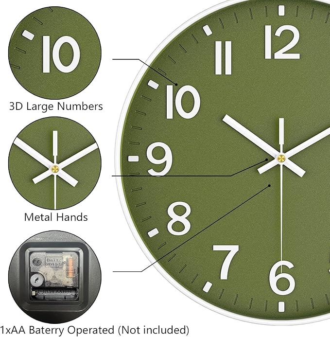 Modern Wall Clock, 10 Inch Digital Wall Clocks Battery Operated, Round Non Ticking Silent Analog Clock for Bedroom Living Room Kitchen Office Gym Classroom Decor, Olive Green