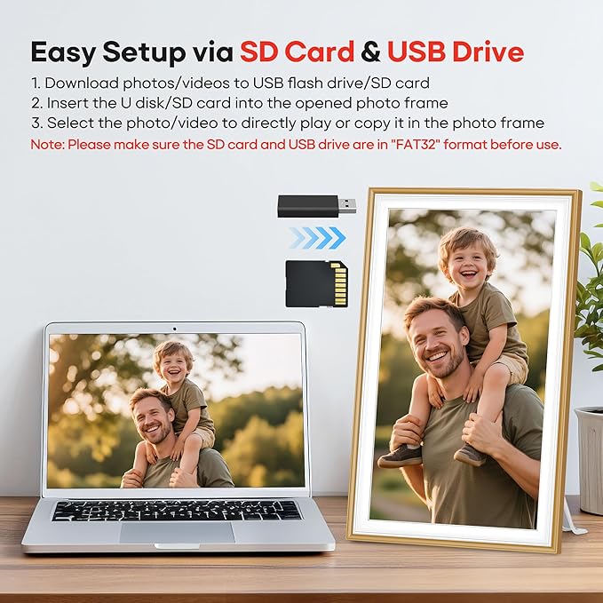 64GB Frameo 15.6" Digital Picture Frame Large 1920 x 1080 IPS FHD Touch Screen WiFi Electronic Photo Frames Share Moments Instantly Anywhere Best Gifts for Parents and Grandparents Golden White
