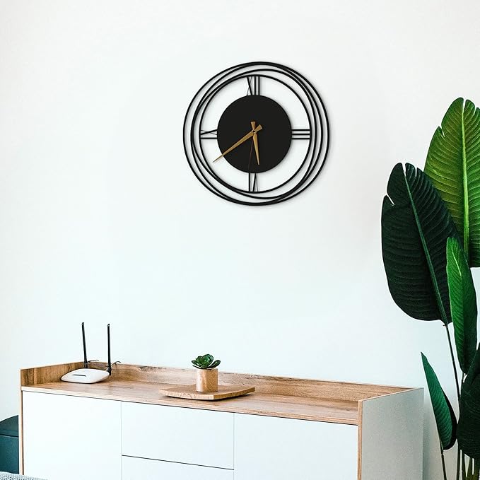 Circular Harmony Wall Clock – 14 Inch Compact, Silent Non-Ticking Quartz, Black Metal Minimalist Clock for Kitchen, Bedroom, Office